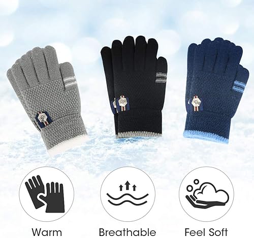 Miniatura 4 de ORVINNER Guantes de invierno para niños y niñas, 3 pares de guantes cálidos con forro de lana para niños pequeños, guantes térmicos de punto