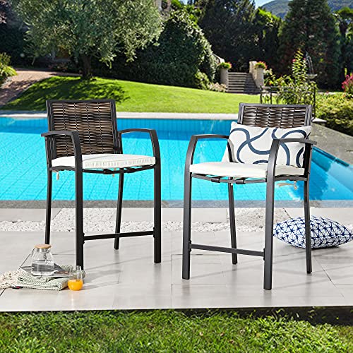 Image of LOKATSE HOME Bar Stools Counter Height Chair Set of 2 Wicker Decoracted Patio Furniture with Armrest for Garden Pool Lawn Backyard, Beige