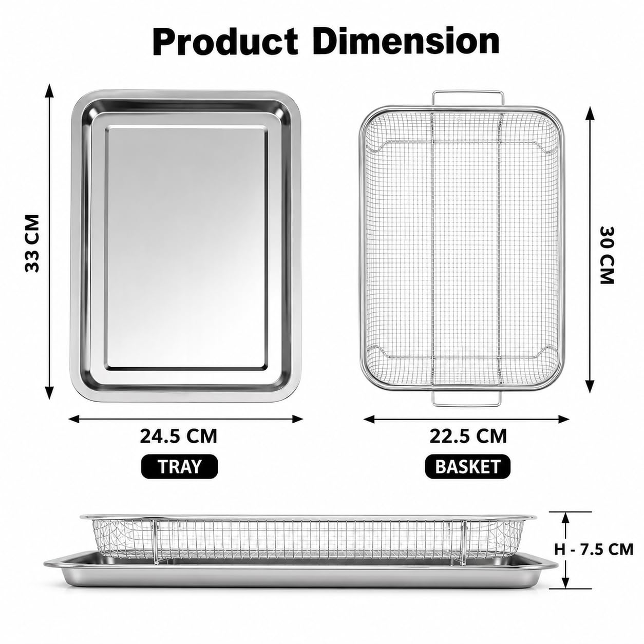 Karomouj 2-Piece Stainless Steel Air Fryer Crisping Basket & Baking Tray Set | Non-Stick Mesh Baking Rack for Oven | Ideal for Crispy Fries, Chicken, Fish, Vegetables & Dehydrating | Silver — Amazon image 8