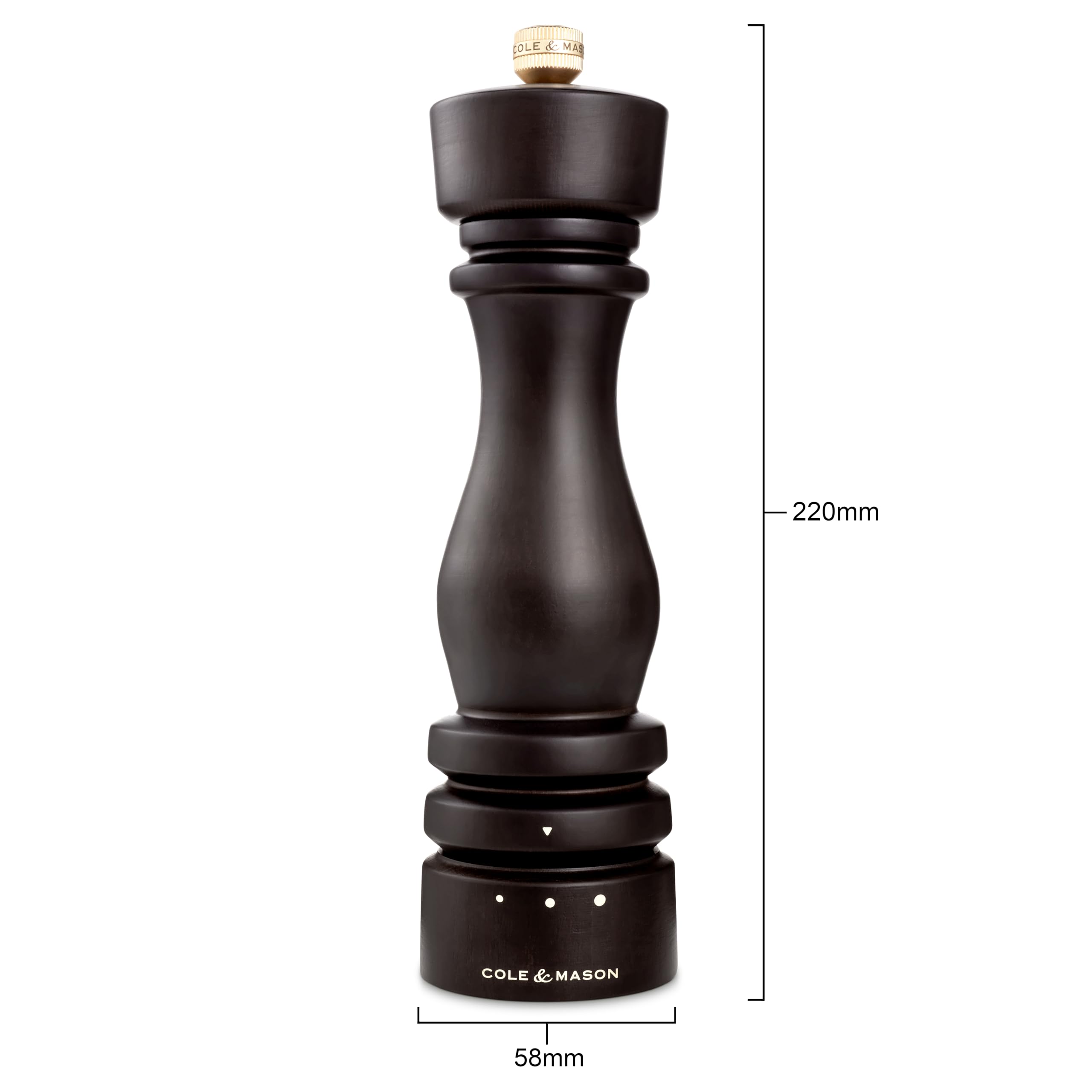 Cole & Mason London Molinillo de Sal, Mecanismo de Cerámica, 3 Grados de Molienda Ajustable, Madera de Haya Chocolate, Molinillo de Especias Recargable, Manual, 22 cm