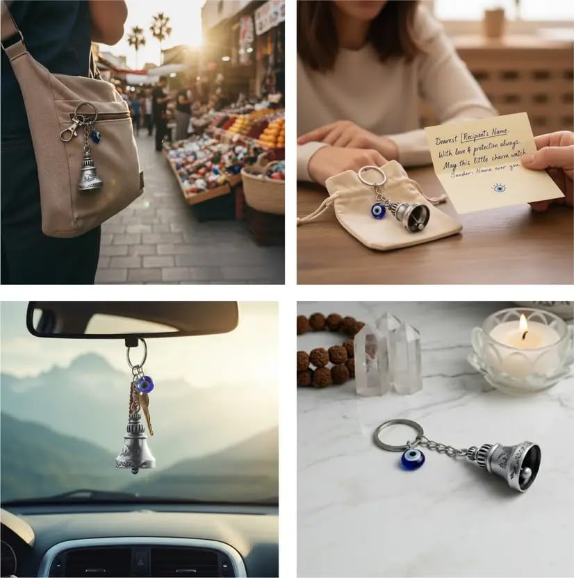 Image of Techpro Guardian Bell KeyChain Tibetan Key Chain Good Luck Key Chain For Bike (Silver Bell With Evil Eye)