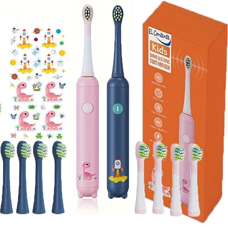 Children's Electric Toothbrush with 4 Replacement Brush Heads and Soft bristles DIY Stickers for Brushing Teeth and Oral Care. Children's Toothbrush Makes Children Love Brushing Teeth, Pink