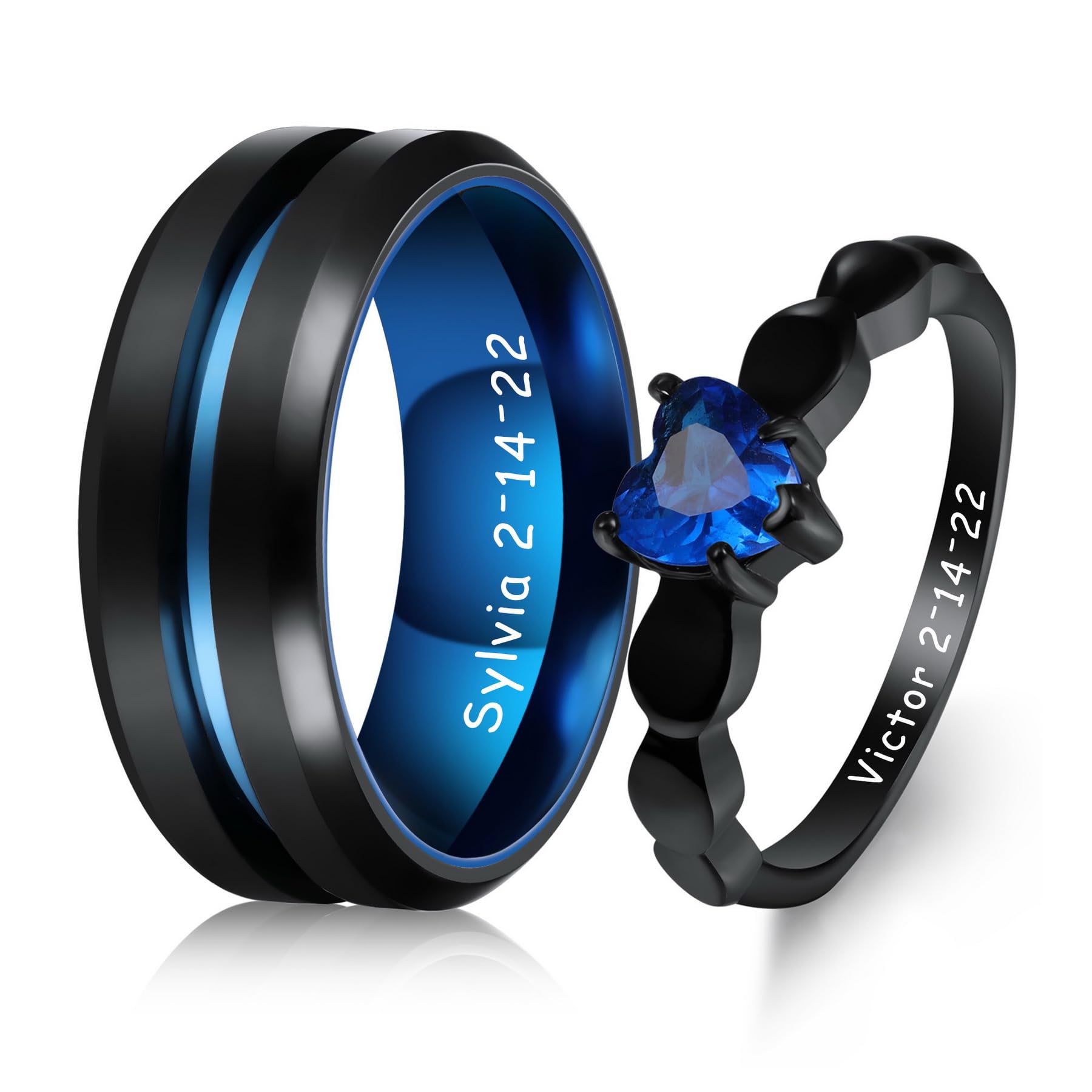 MeMeDIY Conjunto de Anillos de Parejas de Acero Inoxidable Personalizado, Nombres Grabados Anillos de Promesa con Piedras Preciosas de Corazón, Bolsa de Regalo Incluida