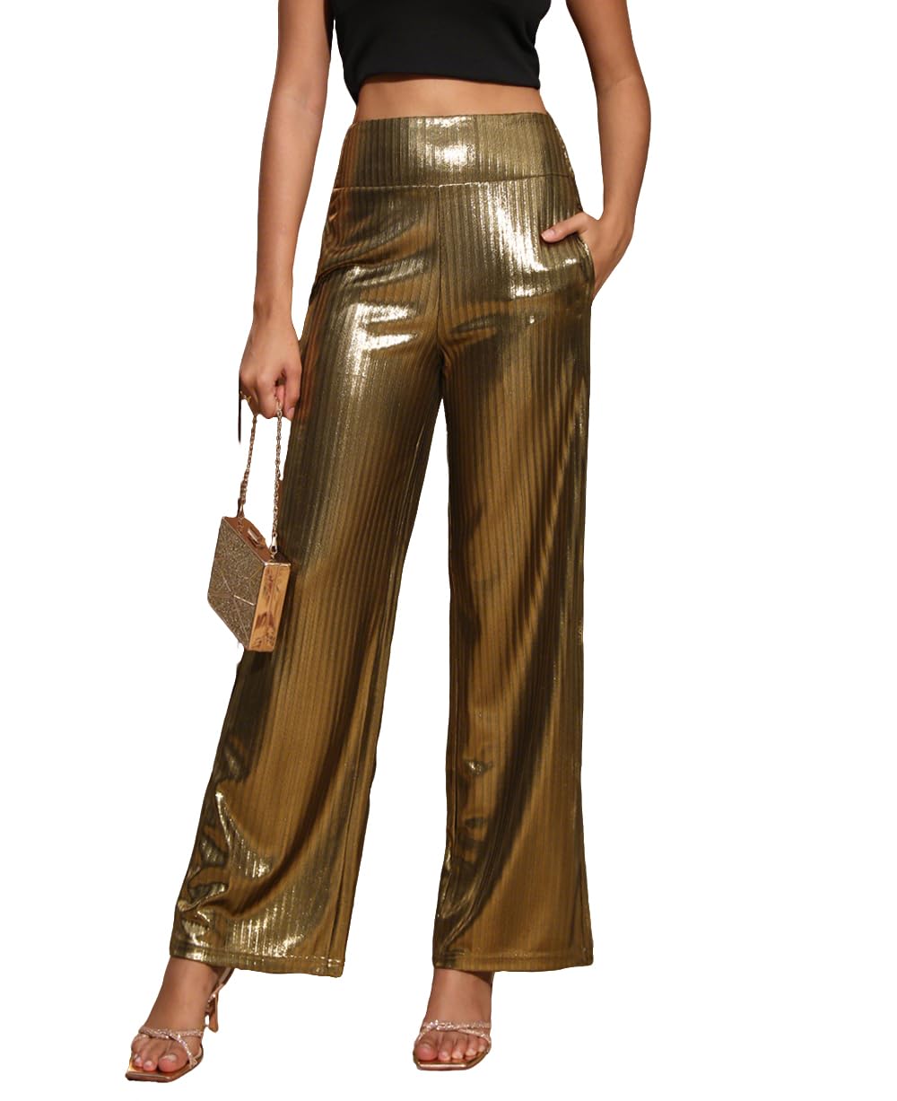 Fakanhui Pantalon plissé à paillettes métallisées pour femme Taille haute Jambe large Pantalon de fête Disco Discothèque Discothèque Clubwear