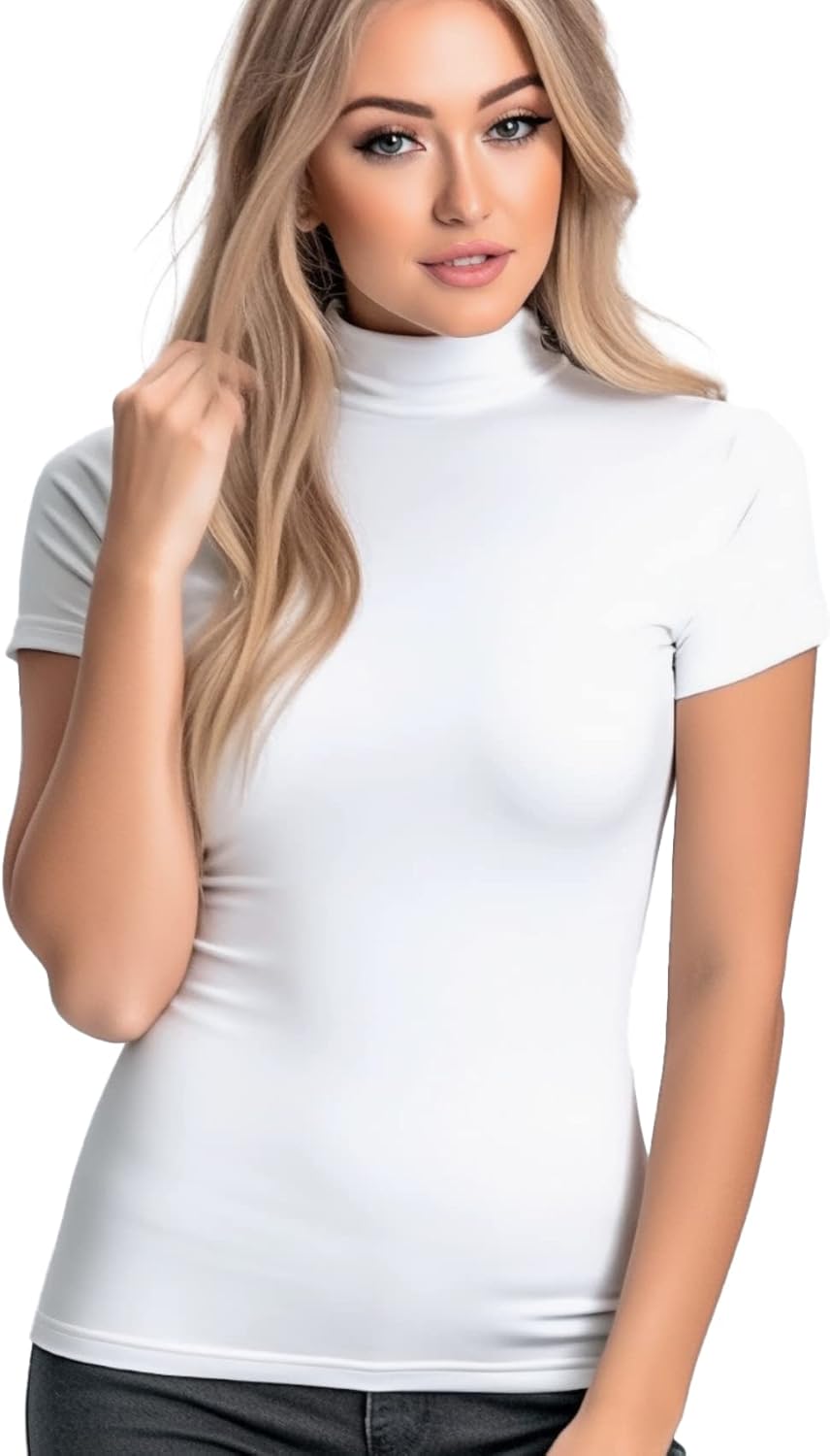 Mock Turtleneck Short Sleeve Tops for Women, Mock Neck Fitted T-Shirt Flowey Print Baselayer Office Tee - Image 4