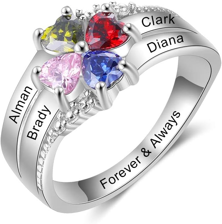 Love Jewelry Personalized Sterling Silver Mothers Rings with 4 Heart Simulated Birthstones Family Names Mom Rings Anniversary Mothers Day Rings for Women (7)