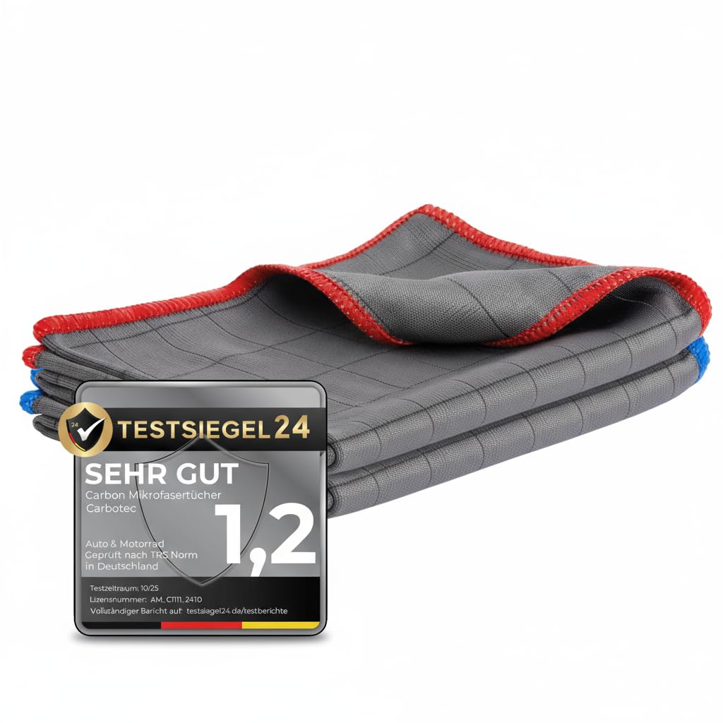 CARBOTEC® 2X Premium Carbon Mikrofaser Glastücher - Professionelle Reinigung fusselfrei & streifenfrei für Glas/Spiegel/Fenster/Autoscheibe - Mikrofasertücher/Waffeltuch mit Carbonfaser (Tuch 400gsm2)
