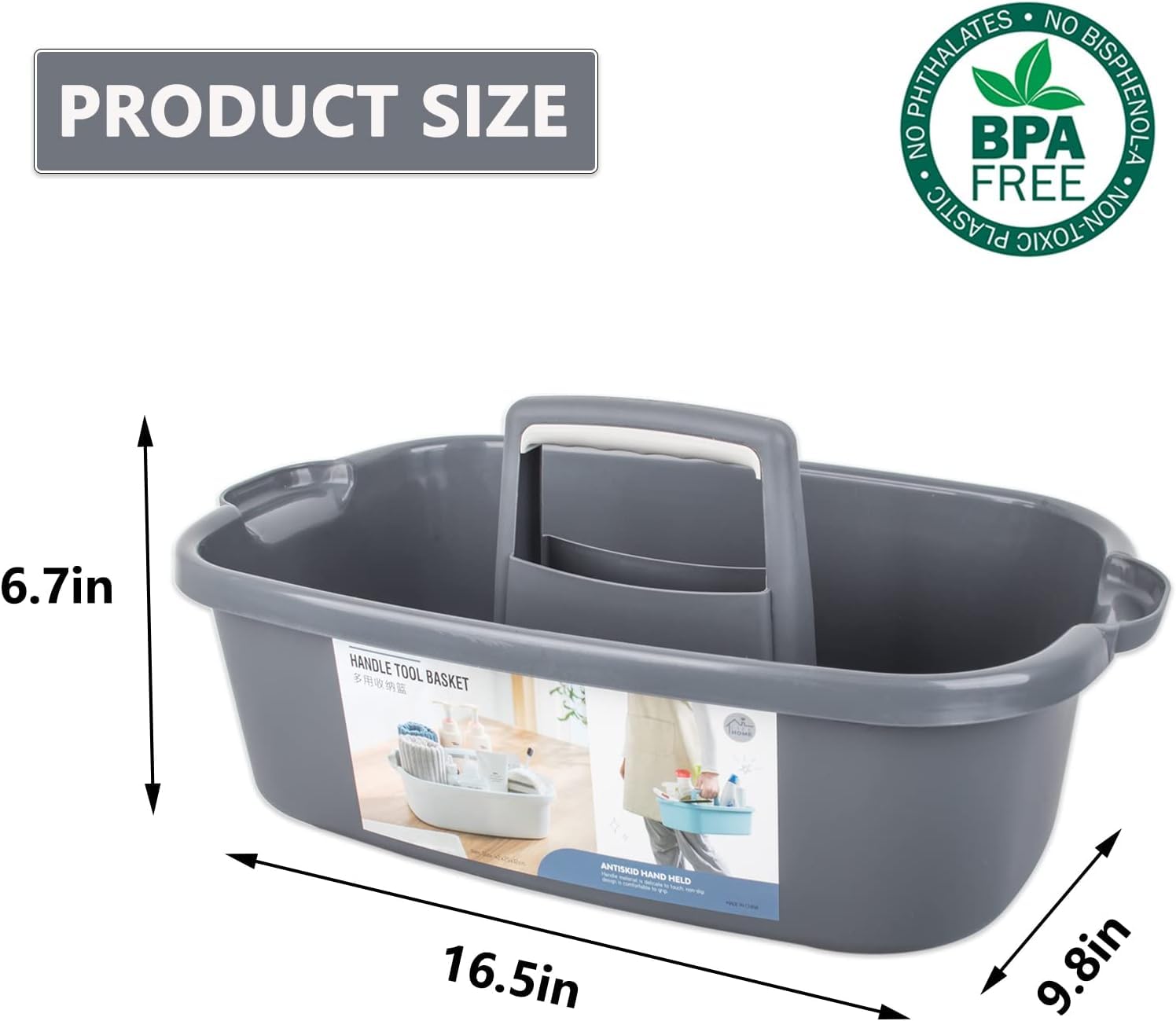 AMPLIN Large Cleaning Supplies Caddy Portable Shower Basket Supply Organizer with Handle Plastic Bucket Tool Storage for Bathroom, Bedroom, Kitchen, College Dorm, Garden, Dark Gray 2