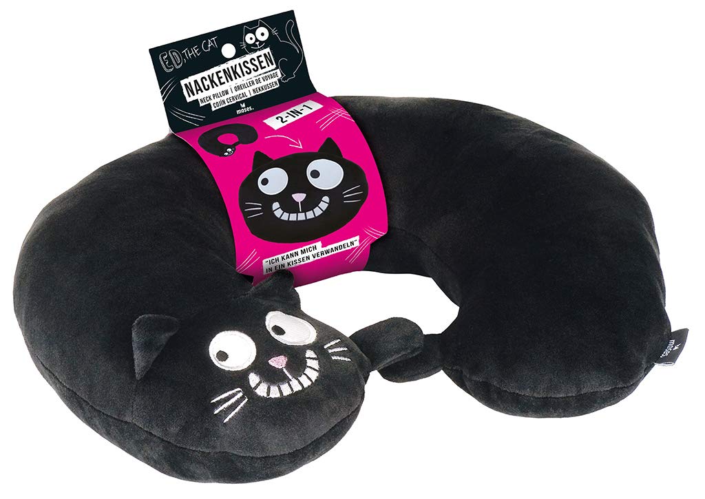 Mojżesz Ed, The Cat Poduszka na kark | 2 w 1 szyjka i poduszka podróżna | Poduszka podróżna w kształcie kota 28 cm czarna, czarny, 28 cm, Poduszka podróżna