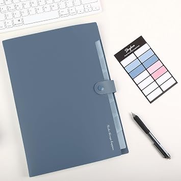 SKYDUE Expanding Folder Document Bag A4 with Colourful Labels Expandable Folder Folder System with Press Stud Button Document Folder for Office Home School Everyday (Smog Blue 8 Pockets)