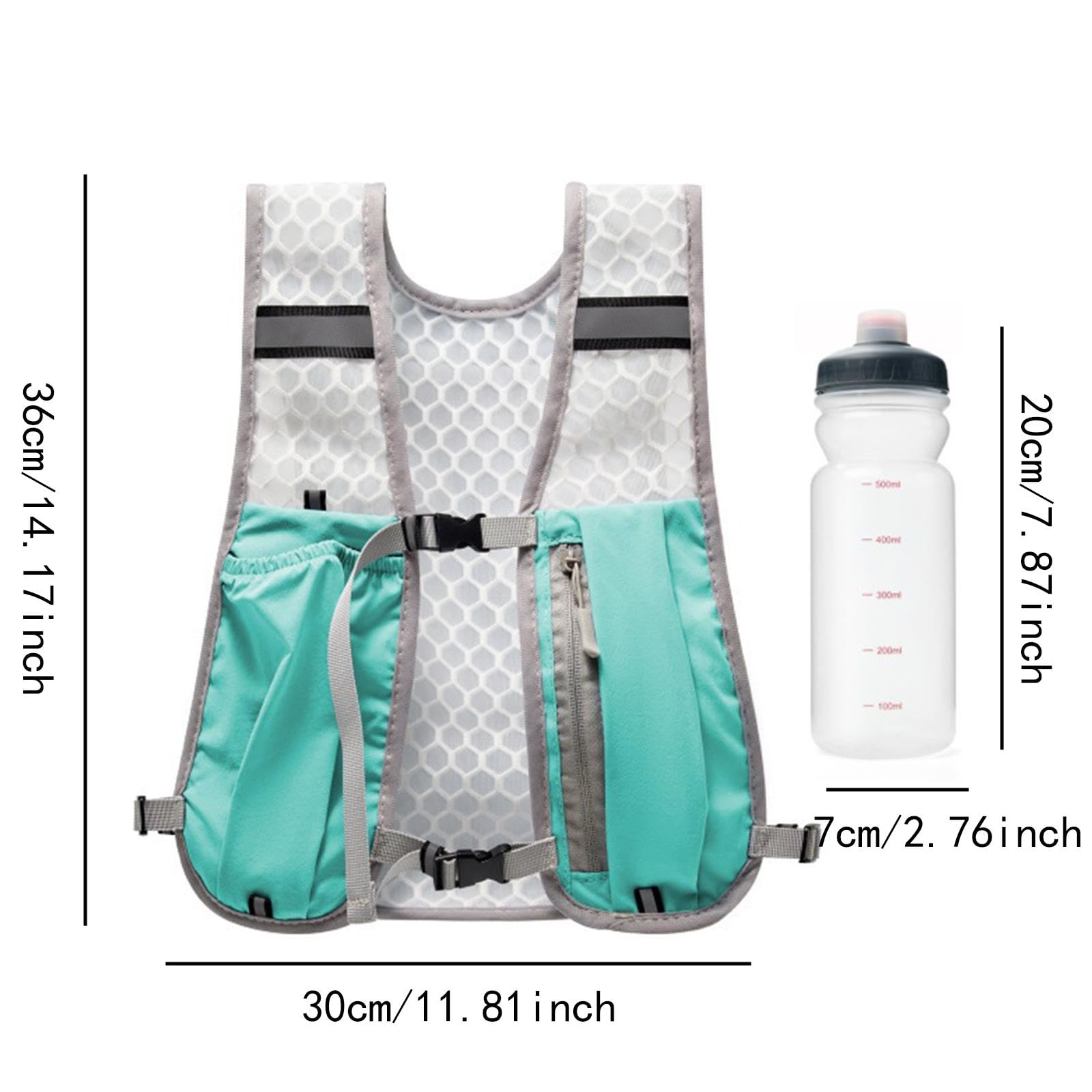 perfk Zaino da Esterno con Gilet e Borraccia da 0,5 l, in Tessuto di Nylon, Multifunzionale, Regolabile, 30x36 cm, per Trail Running