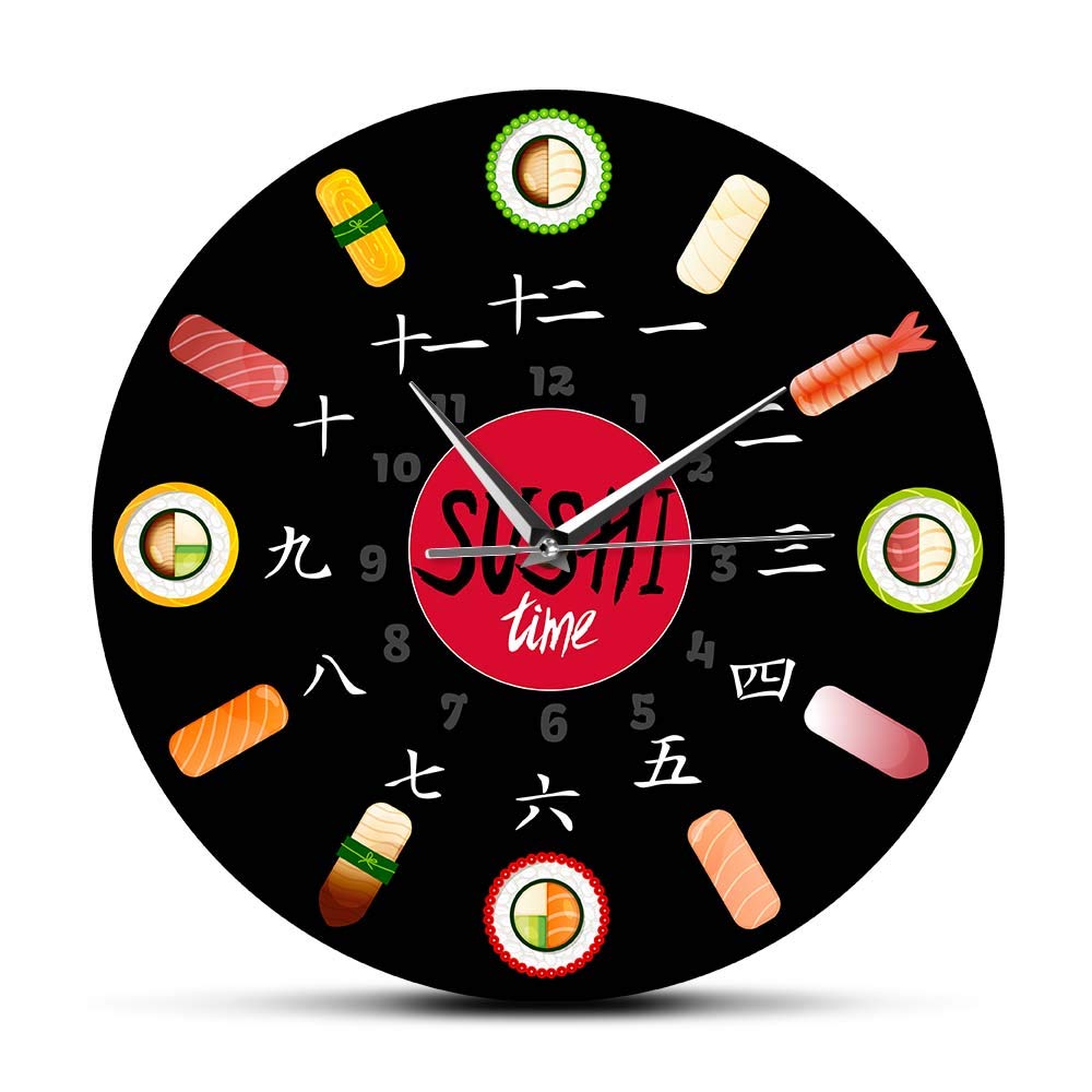 The Geeky Days Sushi Time Silent Quartz Wall Clock Minimalist Kitchen Decorative Japanese Food Wall Art Non Ticking Clock Watch for Sushiya Restaurant