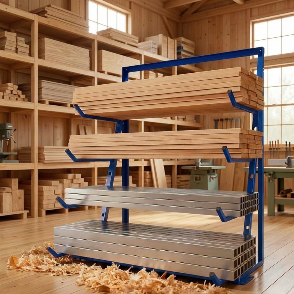 4500LBS 4 Tier Lumber Horizontal Storage Rack Alloy Steel Material, Heavy Duty Free Standing Storage Cantilever Rack, Adjustable Pipe Storage Rack, Wood Lumber Shelf Organizer for Garage Workshop Shed