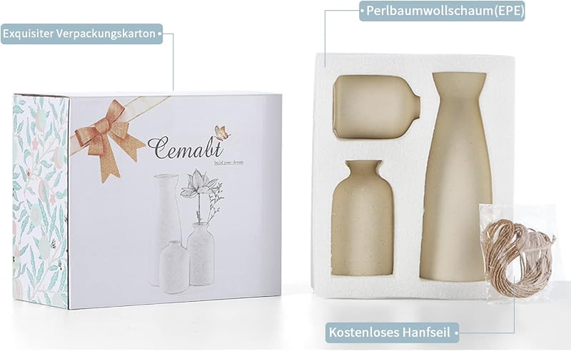 CEMABT 3 részes kerámia váza szett natúr, modern farmhouse dekoráció száraz virágokhoz