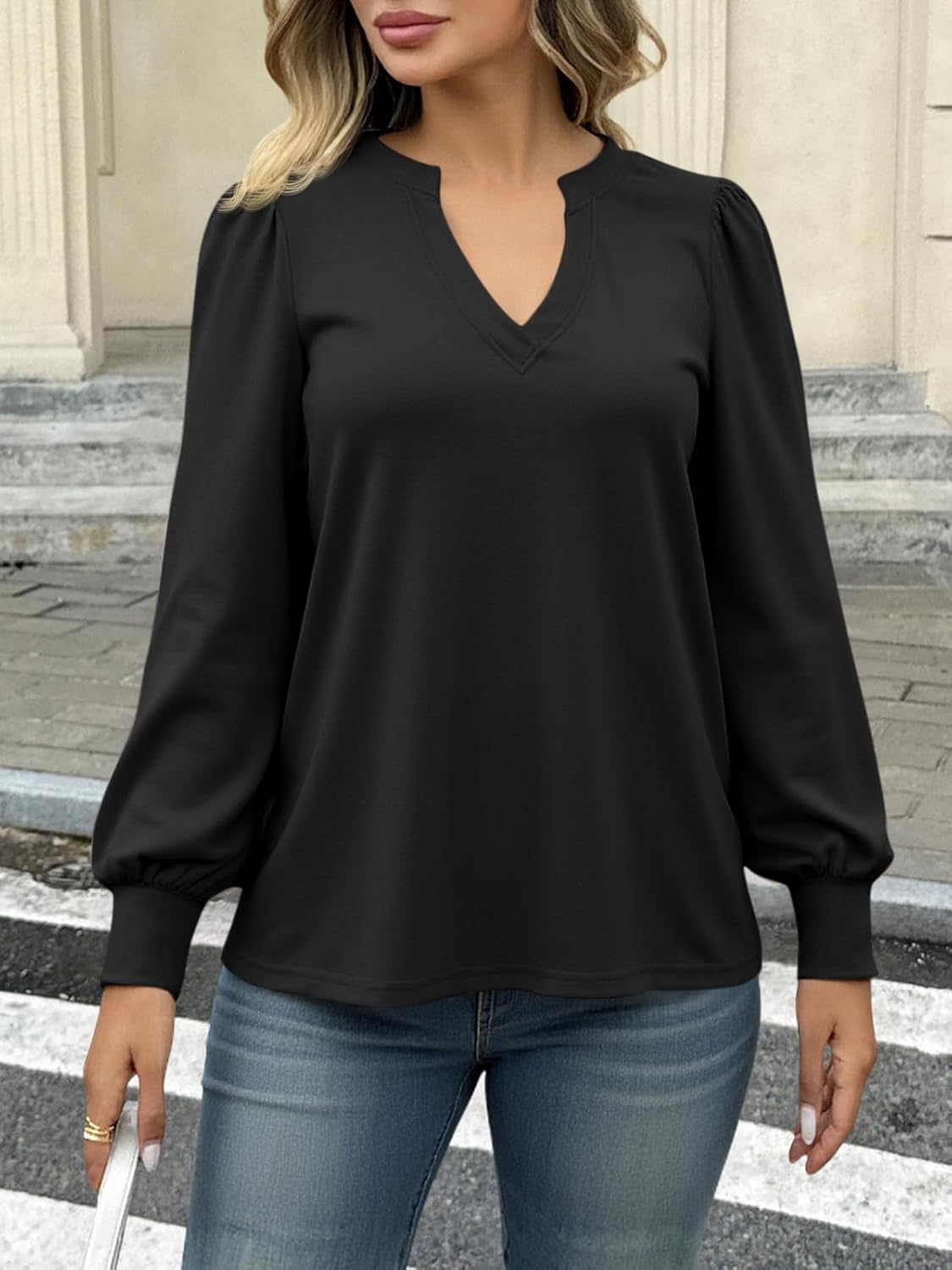 Tankaneo Womens Puff Long Sleeve Tunic Tops Trendy Casual V Neck Fall Shirts Loose Fit Basic Tees - Image 6