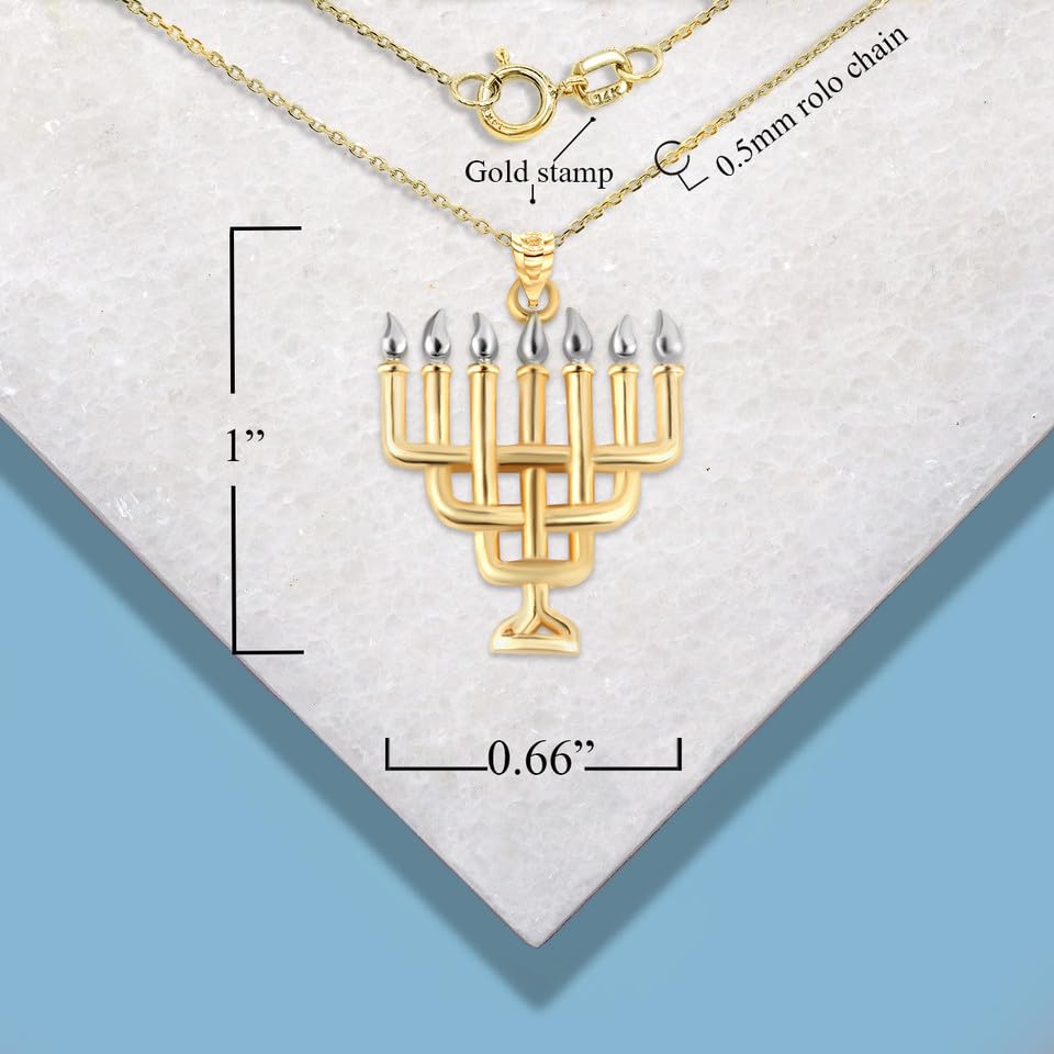 Two Tone Jewish Menorah Pendant Necklace Fine With Rolo Chain Real Solid 10Kt Gold4