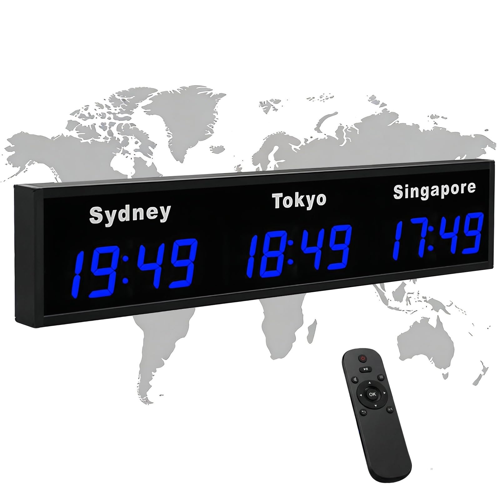 Orologio digitale del mondo con telecomando, fusi orari personalizzabili, grande display da parete, lega di alluminio per hotel, uffici, multinazionali