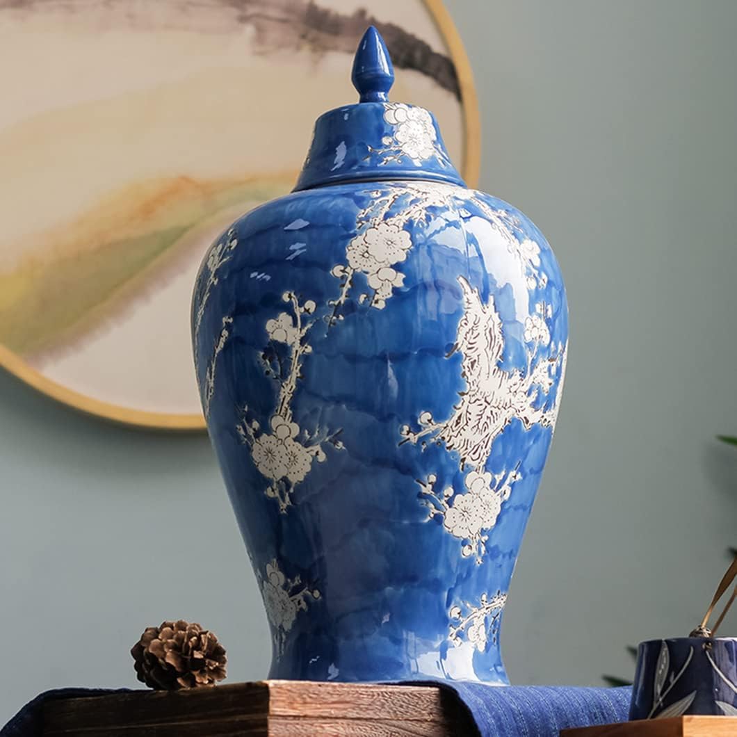 Ceramiczny słoik, Niebieskie wazony ceramiczne Słoik na imbir z pokrywką do wystroju wnętrz Wzór kwiatu śliwki Słój świątynny Wazon(16 * 46cm)