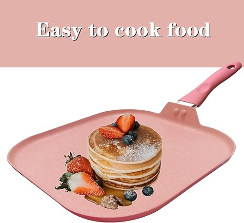 Miniatura 5 de Paweiya Sartén cuadrada para estufa antiadherente, sartén plana con espátula y cepillo, 11 x 11 pulgadas, color rosa