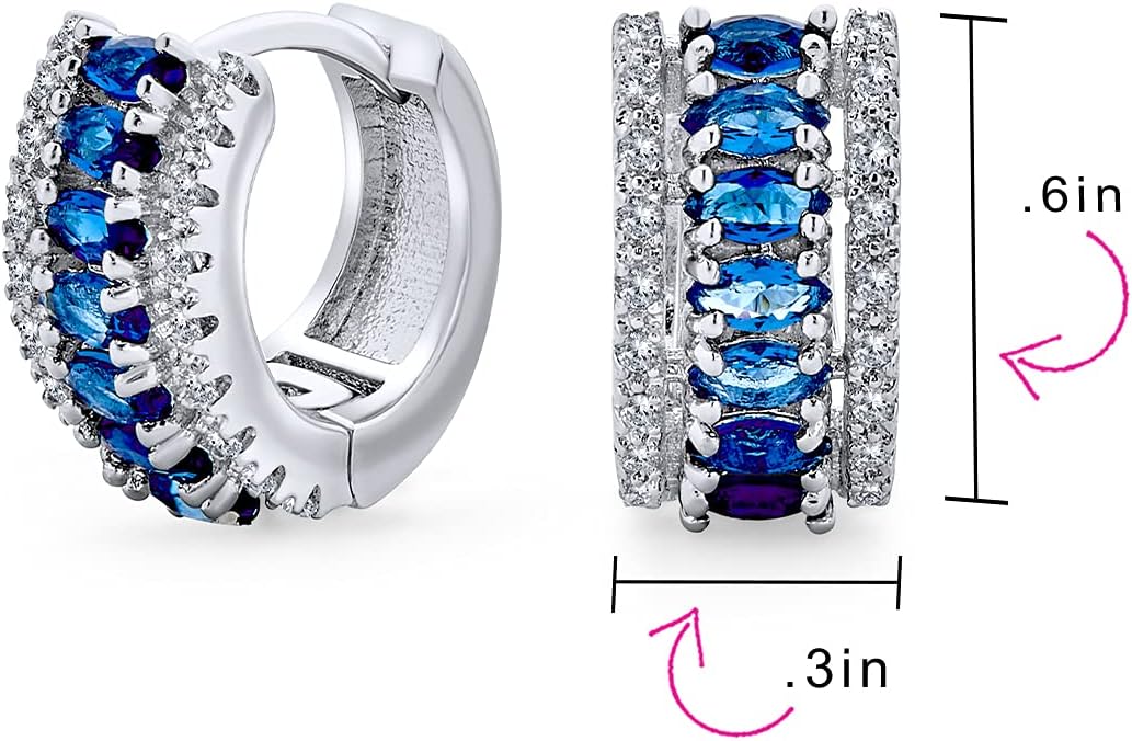 Art Deco Style Simulated Blue Sapphire AAA CZ Edge Cubic Zirconia Mini Hoop Huggie Earrings For Women Wedding Bridesmaid Cocktail Prom Holiday Formal Party Silver Plated 0.5 Inch Diameter