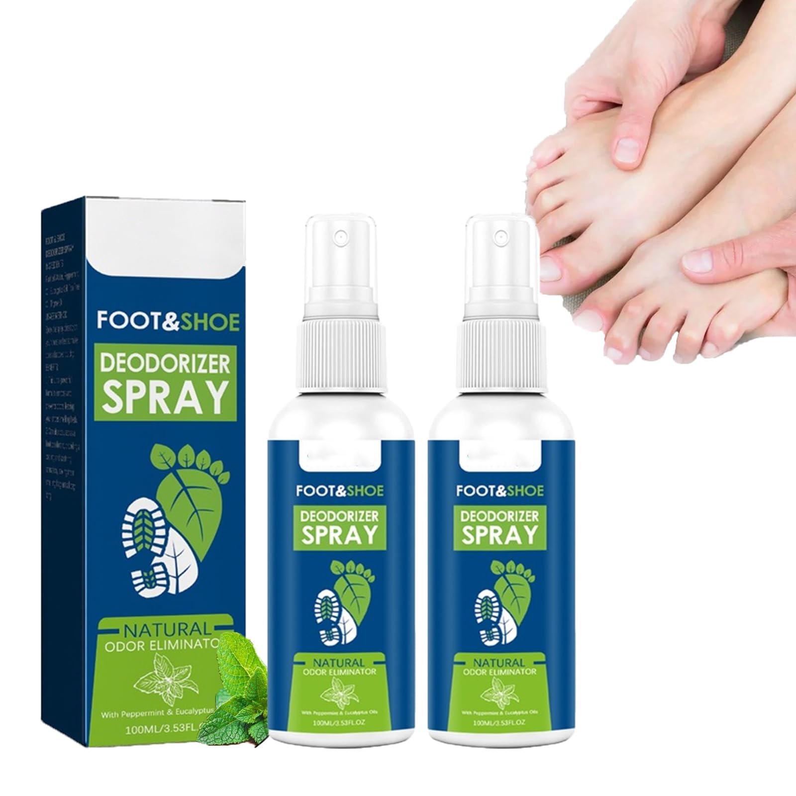 Azonee Shoe Cleaning Spray, Foot Odor Eliminator, Athlete's Foot & Nail Fungus Spray, Natural Formula with Tea Tree, Eucalyptus & Peppermint Oils for Fresh Feet & Shoes (2PCS * 100ml)
