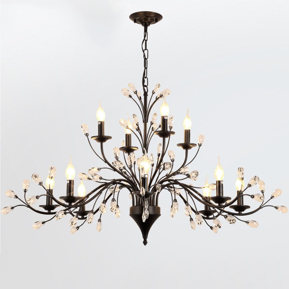 KXEcoLife E14 American crystal candle chandelier, simple retro modern living room lamp, atmospheric restaurant clothing store lamp,12 heads