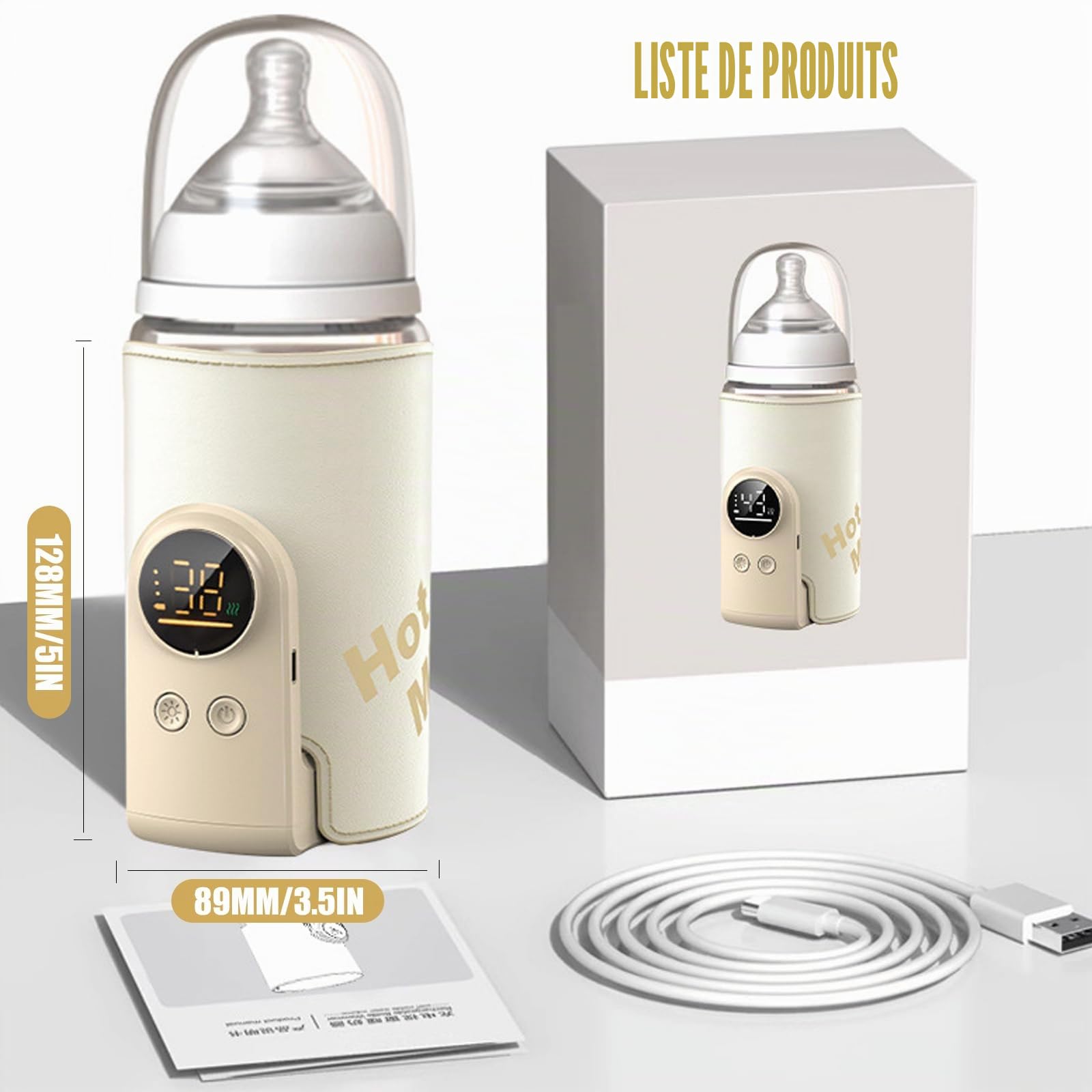 Chauffe Biberon Nomade, Chauffe Biberon Portable Sans Fil avec Écran LCD et Contrôle Intelligent, 8000 mAh, 6 Niveaux de Température Réglable pour Lait et Aliments Bébé en Voyage Voiture