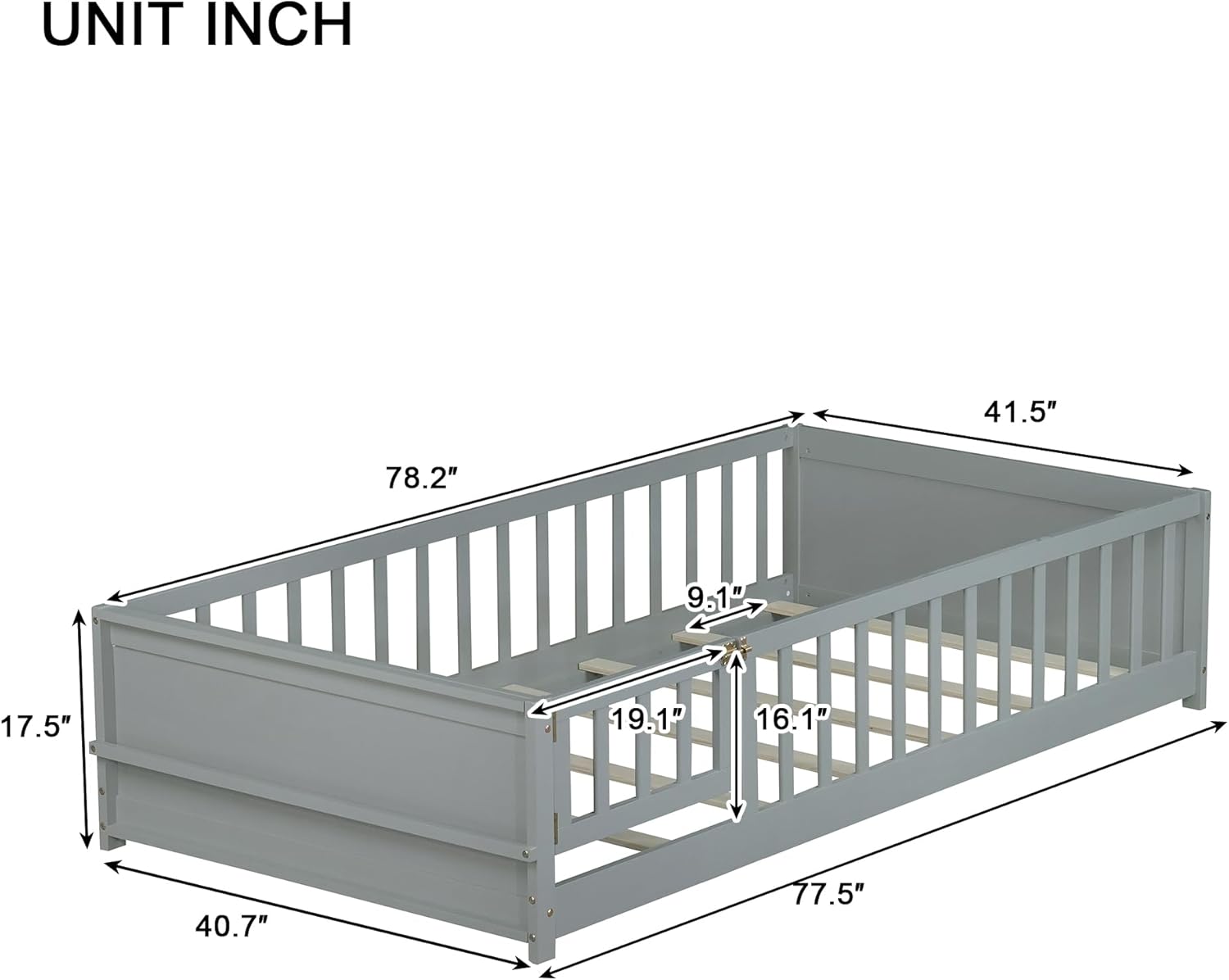 KEIKI Twin Size Kids Floor Bed with Built-in Book Rack and Door, Twin Size Kids Montessori Floor Bed with Slats and Safety Guardrails for Girls, Boys, No Box Spring Needed, Grey