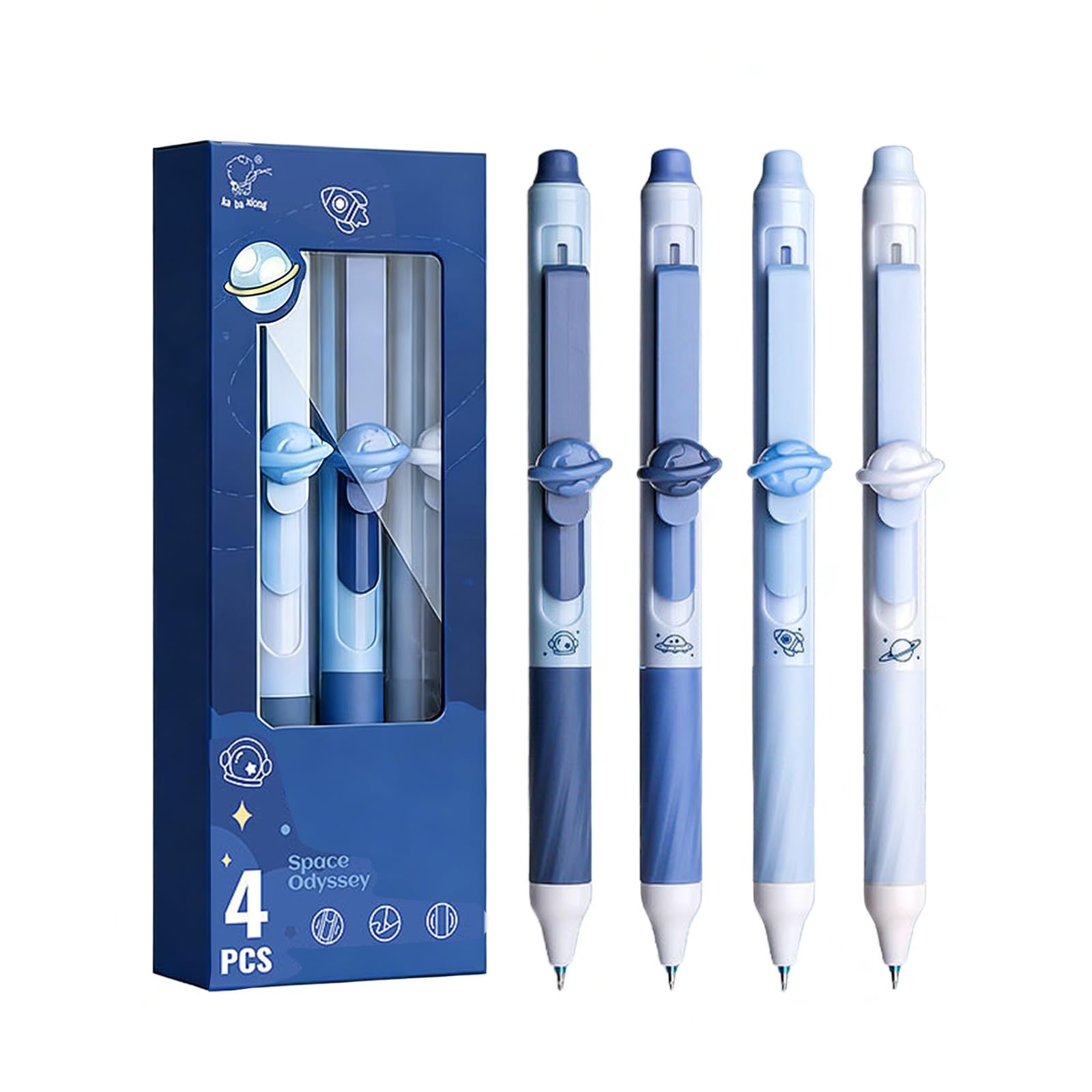 Pack de 4 Bolígrafos Borrables de Temática Espacial, Tecnología de Tinta Azul que se Borra con Calor, Grosor de Línea 0.5mm, para Tomar Apuntes y como Detalle para Amantes de la Astronáutica