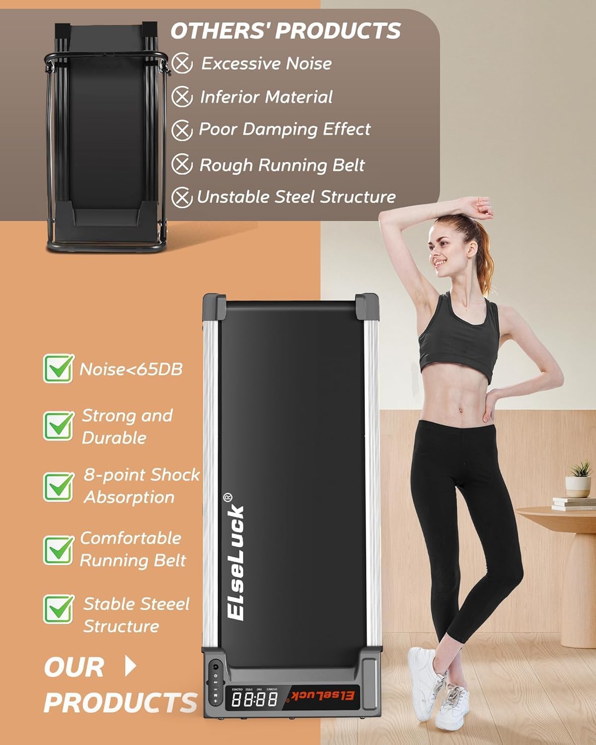 Elseluck Walking Pad Treadmill, Under Desk Treadmill with Remote Control, Walking Jogging Running Machine with LED Display, Portable for Home and Office, Gray/Sliver - Image 6