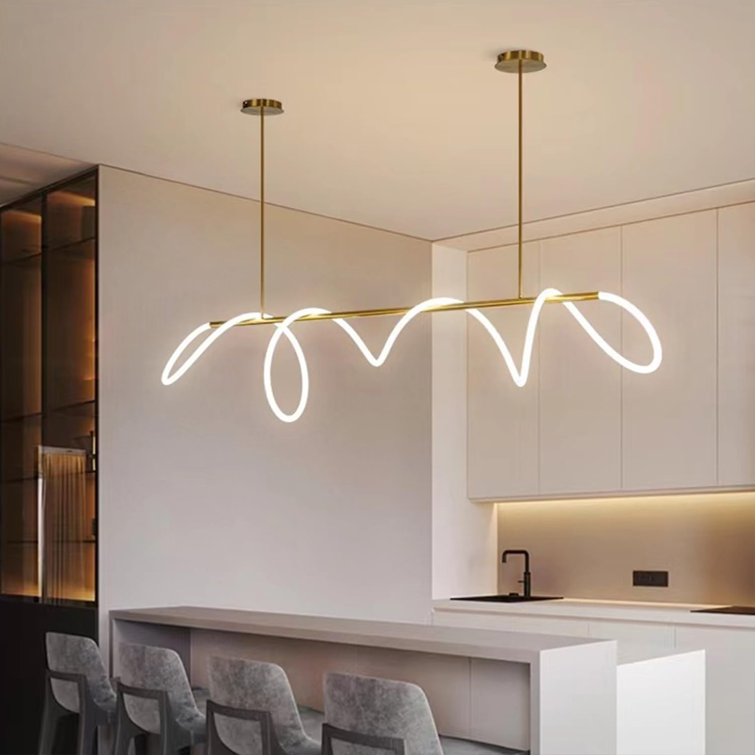 LED Pendant Lamp Dimmable With Remote Control, Linear Design Modern Creative Chandelier for Dining Table, Kitchen, Living Room (Gold, L150cm)