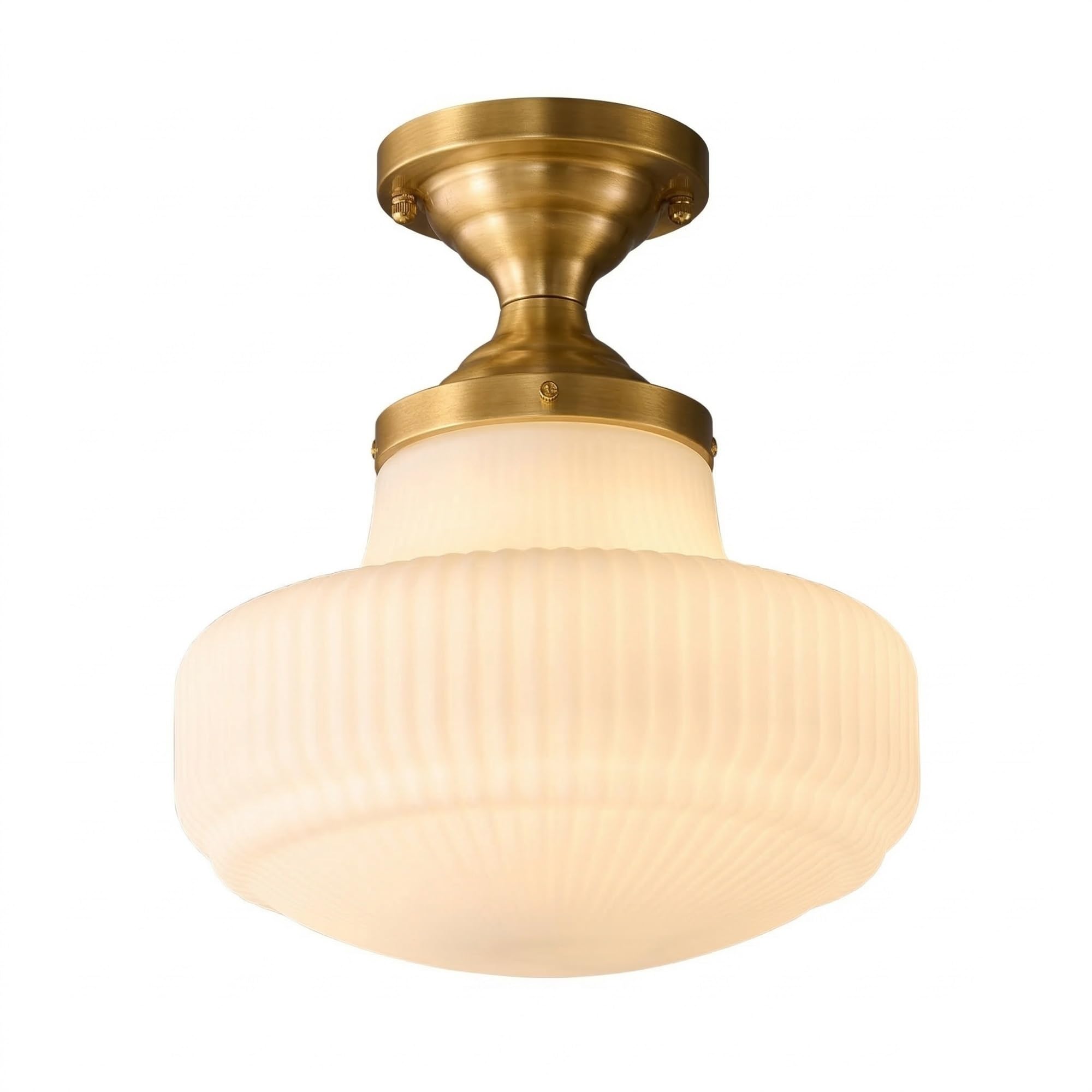 NHPJFDC Antique Brass Semi Flush Mount Ceiling Light, Ribbed Glass Ceiling Lamp, Vintage Low Profile Fixture for Hallway, Entrance, Cloakroom, Balcony, Stairway, Apartment Residential