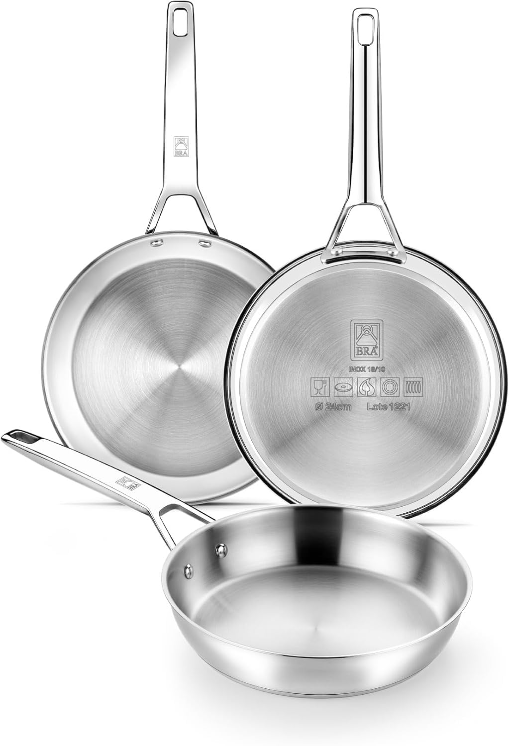 BRA Signature Set 3 Sartenes 20-24-26, Acero Inox 18/10 Profesional Sin Antiadherente, Triple Fondo Difusor Apto Todo Tipo De Cocinas E Inducción, Acabado Pulido