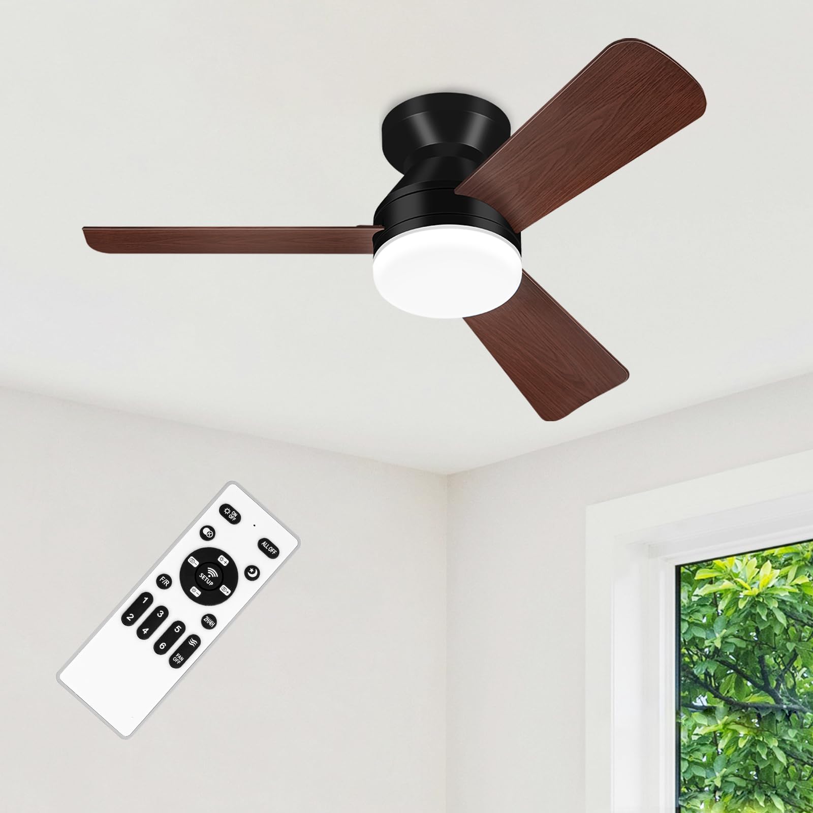 ZOUQILAI 35" Black&Wood Ceiling Fans with Lights and Remote, Low Profile Ceiling Fan with Light, Reversible DC Motors, 3CCT Dimmable Timer Noiseless, Flush Mount Ceiling Fan for Bedroom/Living Room