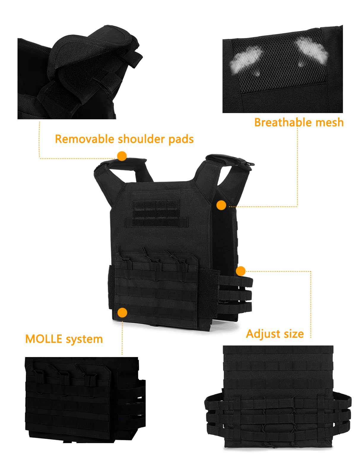 Gilet tactique réglable avec système MOLLE pour airsoft, paintball, entraînement tactique