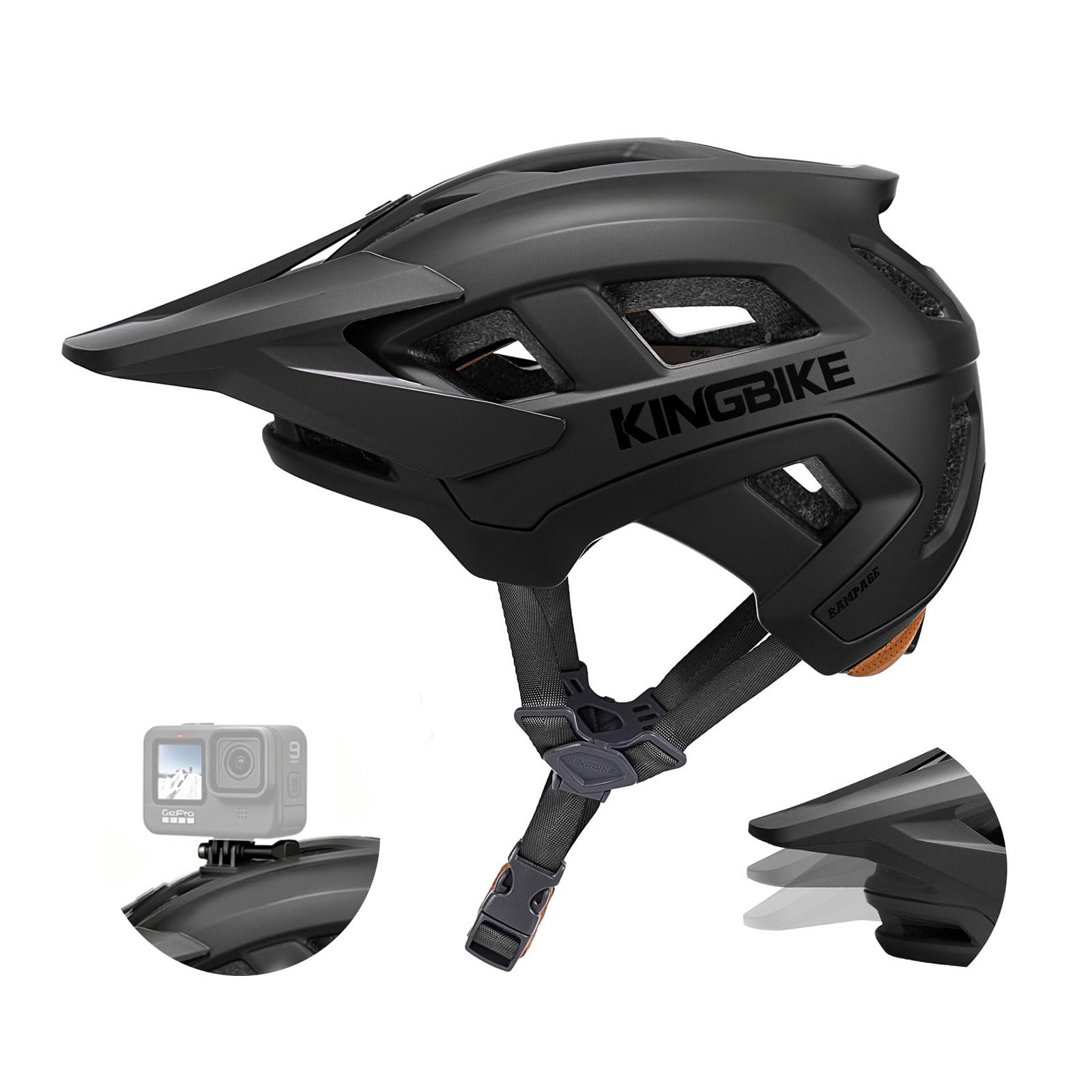 KINGBIKE NTA-8776 Mountain Bike Helmet Professional Ebike Helmets with 3-Level Adjustable Visor & Camera Mount E-MTB Helmet for Adults Men Women Youth E-Bike Safety Certified (Black, Medium) : Sports &