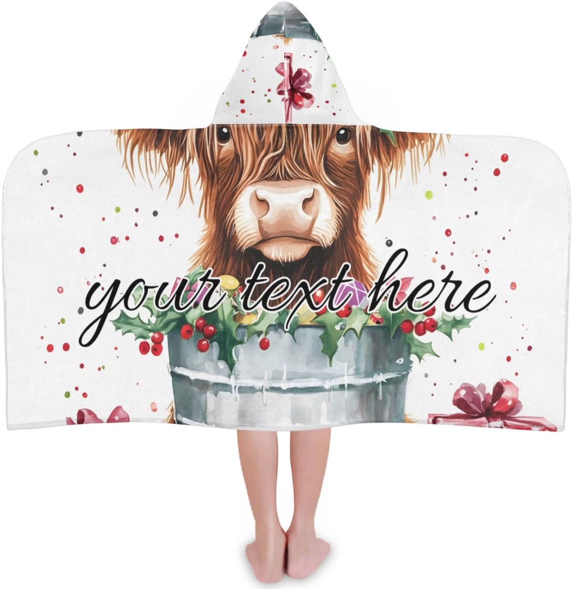 Highland Cow Personalized Kids Beach Towel for Boys Girls, Cute Farm Animal Custom Name Hooded Bath Towel Quick Dry Absorbent Beach Blanket Pool Swimming Towels