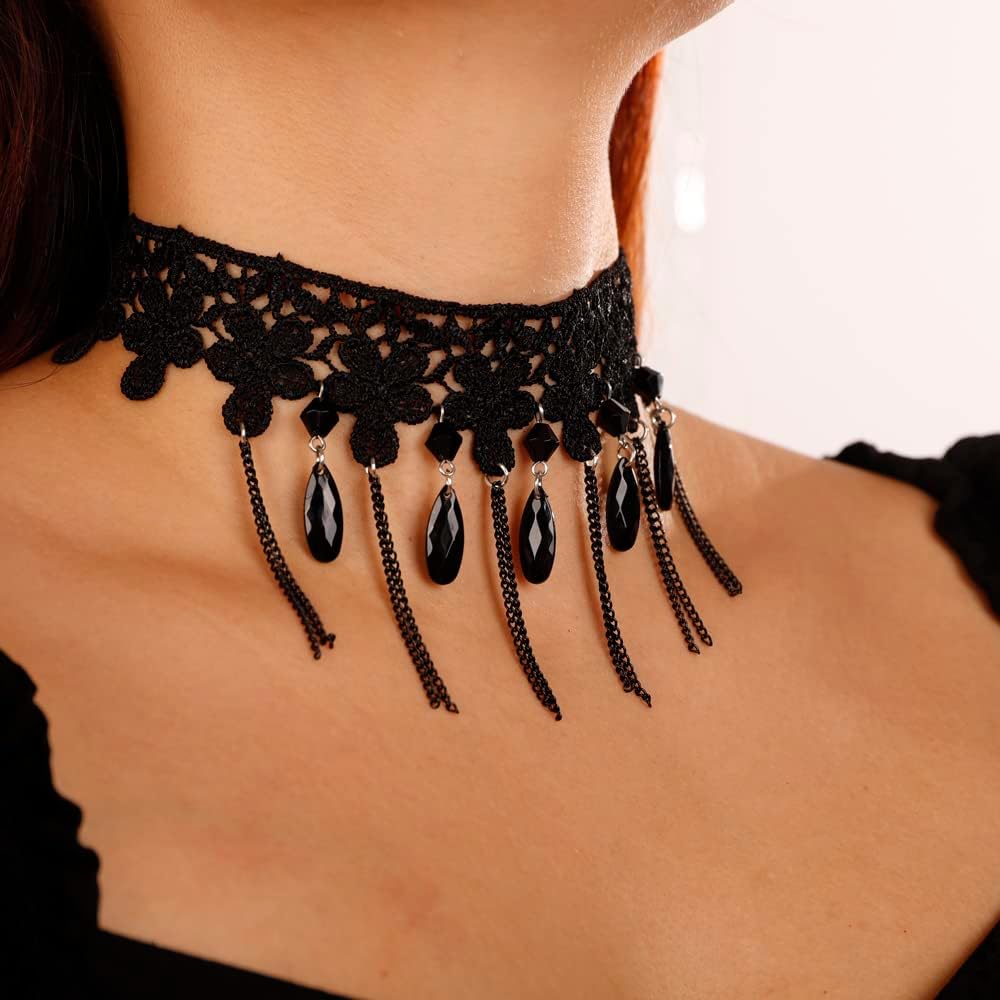 Missgrace Boho Punk Vintage Black Lace Shiny Tassel Choker Necklace for Women Chunky Short Necklace Black Chain Necklace for Women - Image 2