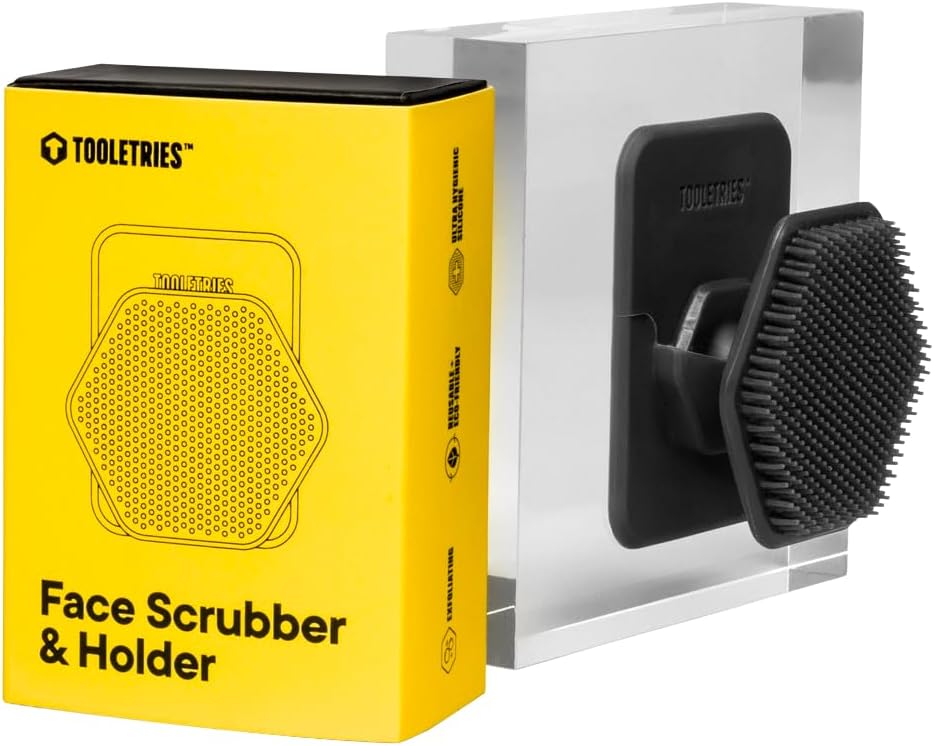 TOOLETRIES Men's Face Scrubber & Holder - Silicone Exfoliator Facial Cleansing Brush with Shower Storage Grip - Removes Dead & Dry Skin - Long Lasting Bathroom & Shower Accessories - Charcoal