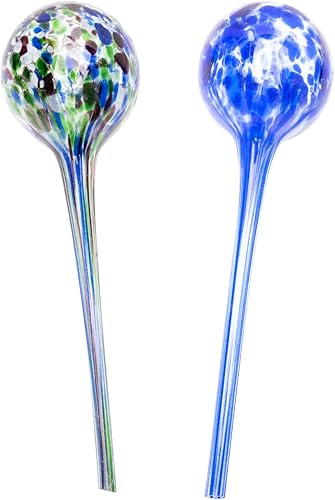 Lexi Home Aqua Globes para plantas de interior y exterior, macetas de riego automático, regadera de vidrio soplado a mano, paquete de 2, color azul