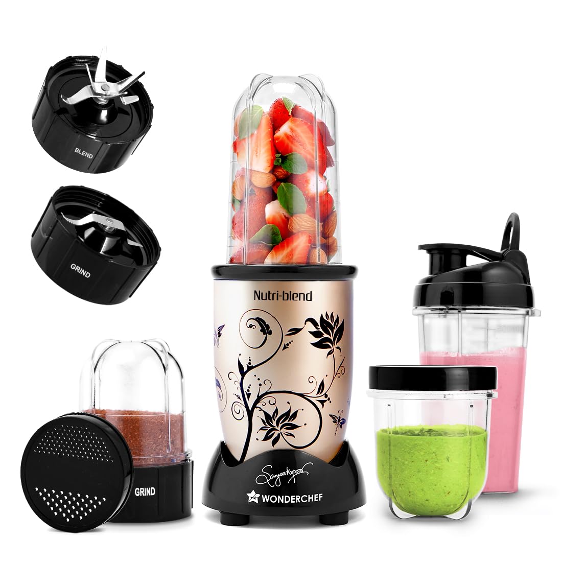 Wonderchef Nutri-blend 500W Mixer Grinder, 22000 RPM, Smoothie Maker, Masala Grinder, Chutney Blender, 3 Unbreakable Jars & Sipper Jar, Recipe Book by Chef Sanjeev Kapoor, 2 Yr Warranty, Champagne
