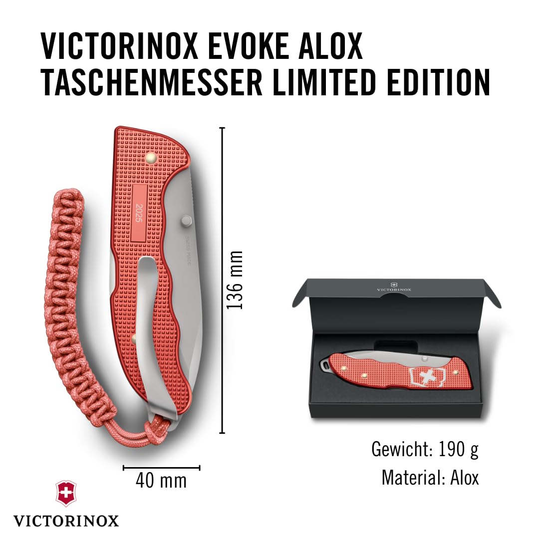 Victorinox Taschenmesser Evoke Alox Limited Edition 2025, 5 Funktionen, Swiss Made, Klappmesser mit großer Klinge, inkl. Geschenkbox, Stone Red