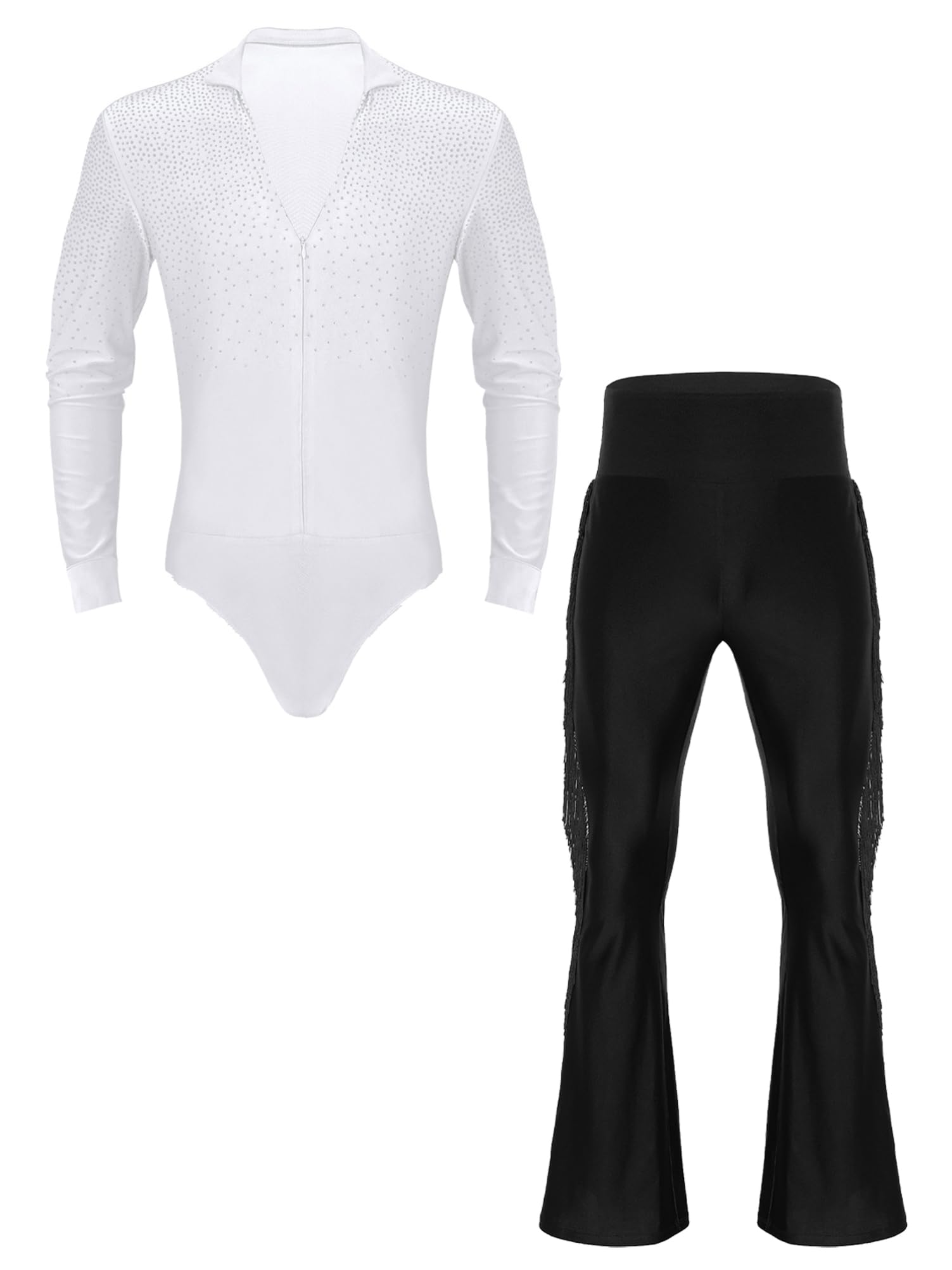 Alvivi Body Uomo Danza Latino Camicia e Pantaloni con Frange da Danza Classica Moderna Abito da Ballo Salsa Tago Bodysuit da Pattinaggio Artistico Dancewear