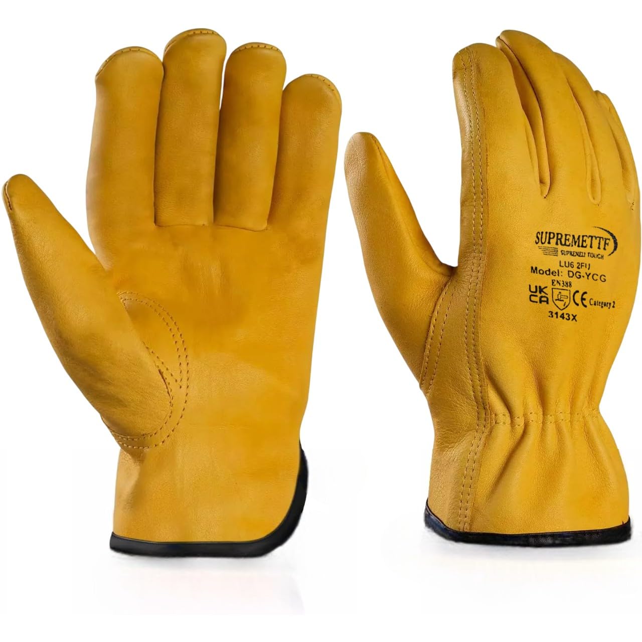 2 Pairs Work Gloves Cowhide Grain Premium Leather Yellow Driver Gloves Inside Fleece Lining & Unlined General Purpose Builder, Mechanics, Driver, Rigger, Safety, Gardening, DIY (Yellow, 2XL)