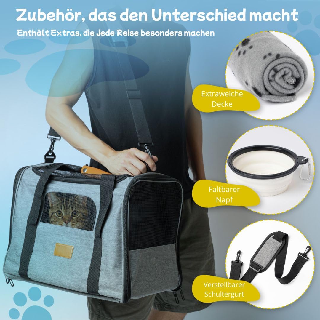Katzen Transportboxen - Transportbox Katze und Kleine Hunde mit faltbarem Napf, Decke, Schultergurt, gepolsterter Bodenplatte - hundetransportbox Auto Faltbar und für das Flugzeug zugelassen