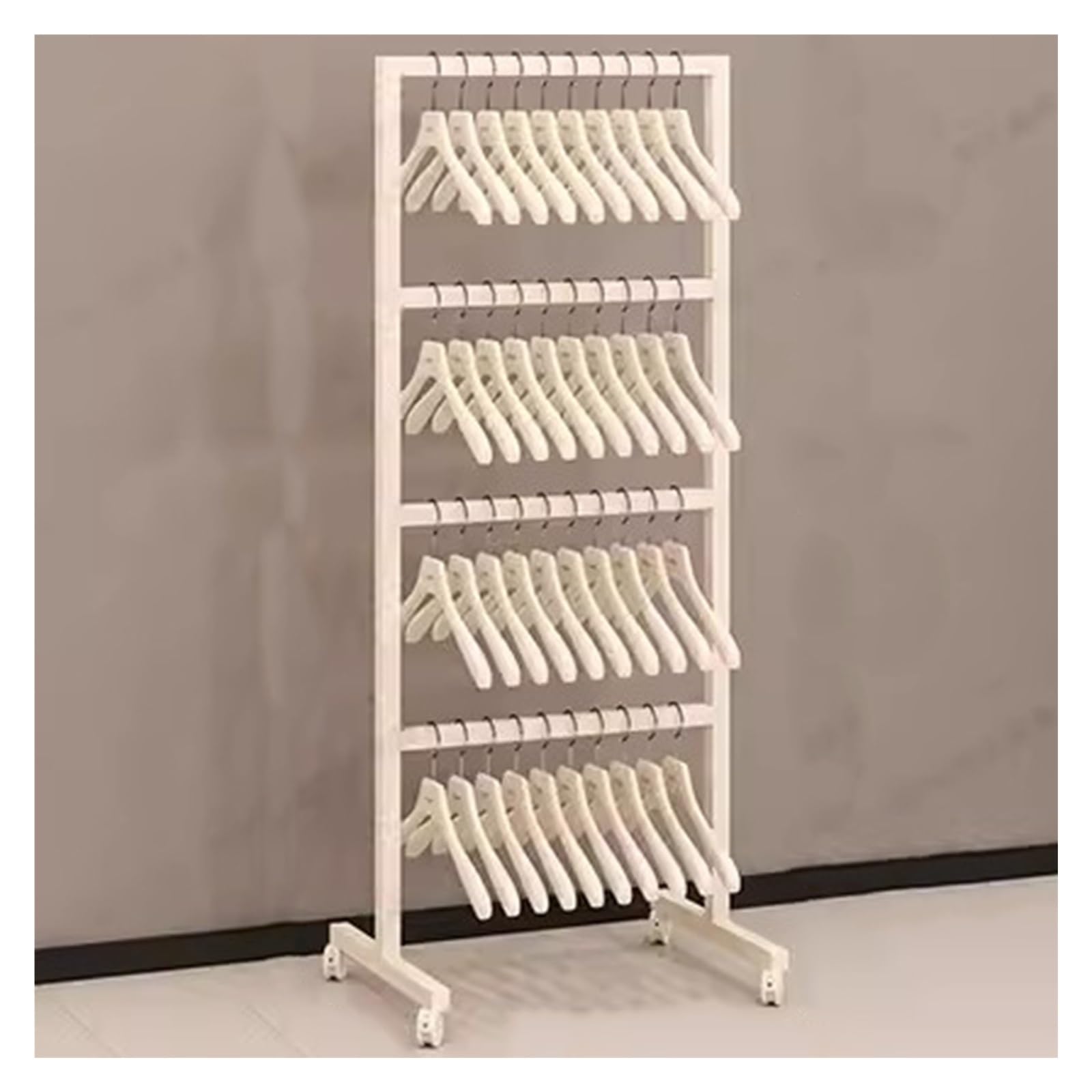 Support de rangement pour cintres en métal crème à 4 niveaux pour buanderie
