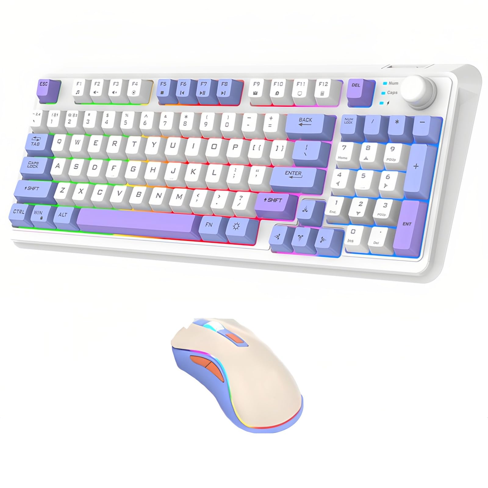 Set tastiera e mouse senza fili con regolatore di volume ricaricabile, 94 tasti, doppia modalità, supporto regolabile, DPI regolabile per computer (bianco)