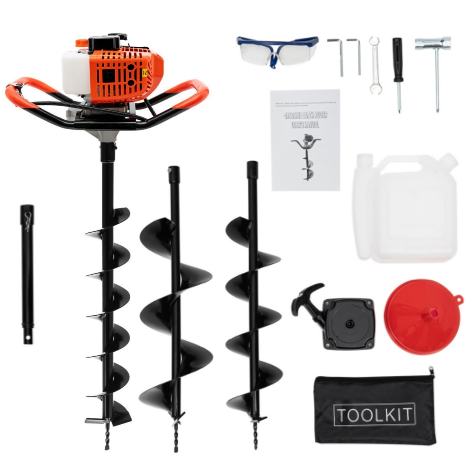 52CC 2 Tiempos Ahoyadora Gasolina 2.3HP Taladro De Tierra Ahoyador Gasolina Monocilíndrico Refrigerado Por Aire 1.7KW Broca De Jardín Para Taladro Con 3 Brocas(100,150,200Mm) ,Barra De Extensión 30Cm