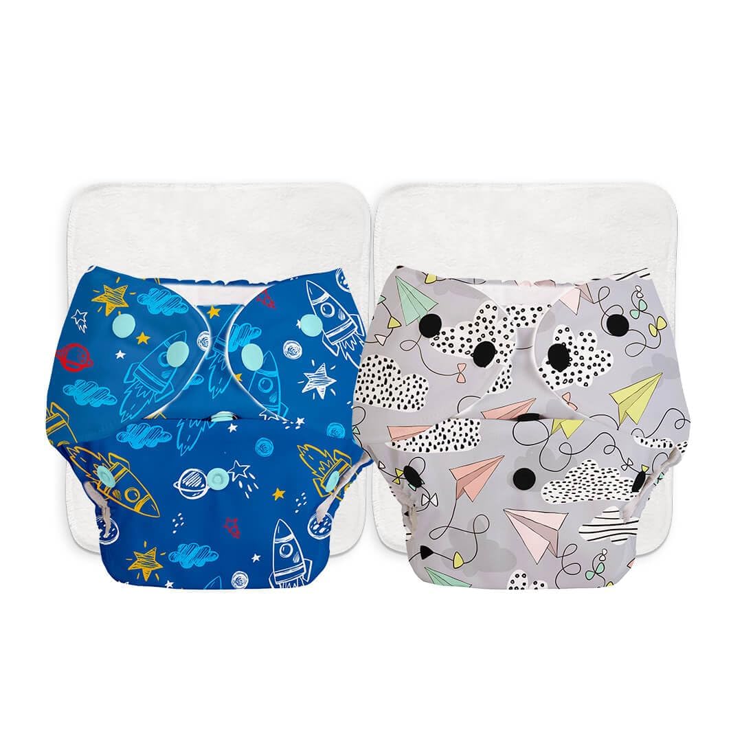 SuperBottoms BASIC Cloth Diapers for Babies l New Trimmer Version l Adjustable & Washable Cotton Diaper l Rash Free Reusable Diaper for New Born Baby l With a Quick Dry Pad l 3M - 3Y | 5-17kgs |2 Pack