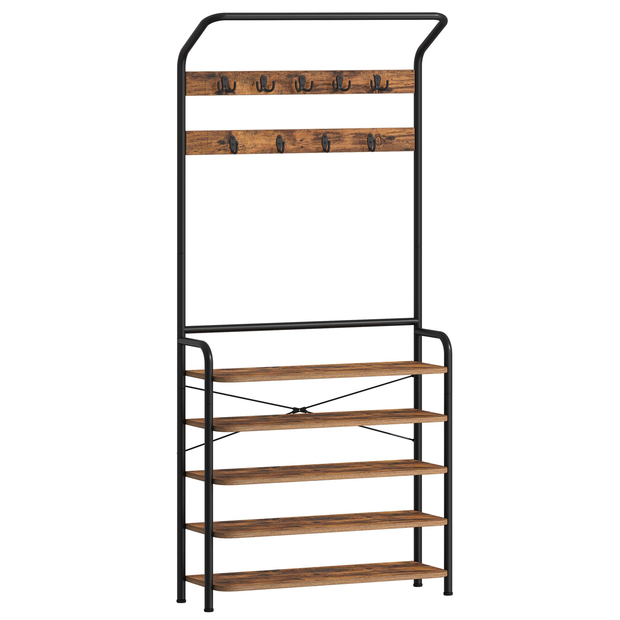 Hzuaneri Appendiabiti con Scarpiera, Mobile Ingresso con 5 Livello Scarpiera, 9 Ganci, 1 Barra Attaccapanni, 30 x 78,5 x 195cm, per Entrata Corridoio, Marrone Rustico HT19001B